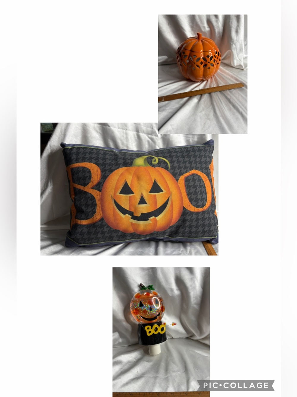 LOT OF PUMPKIN ITEMS 2 CANDLE HOLDERS & A FUN PILLOW